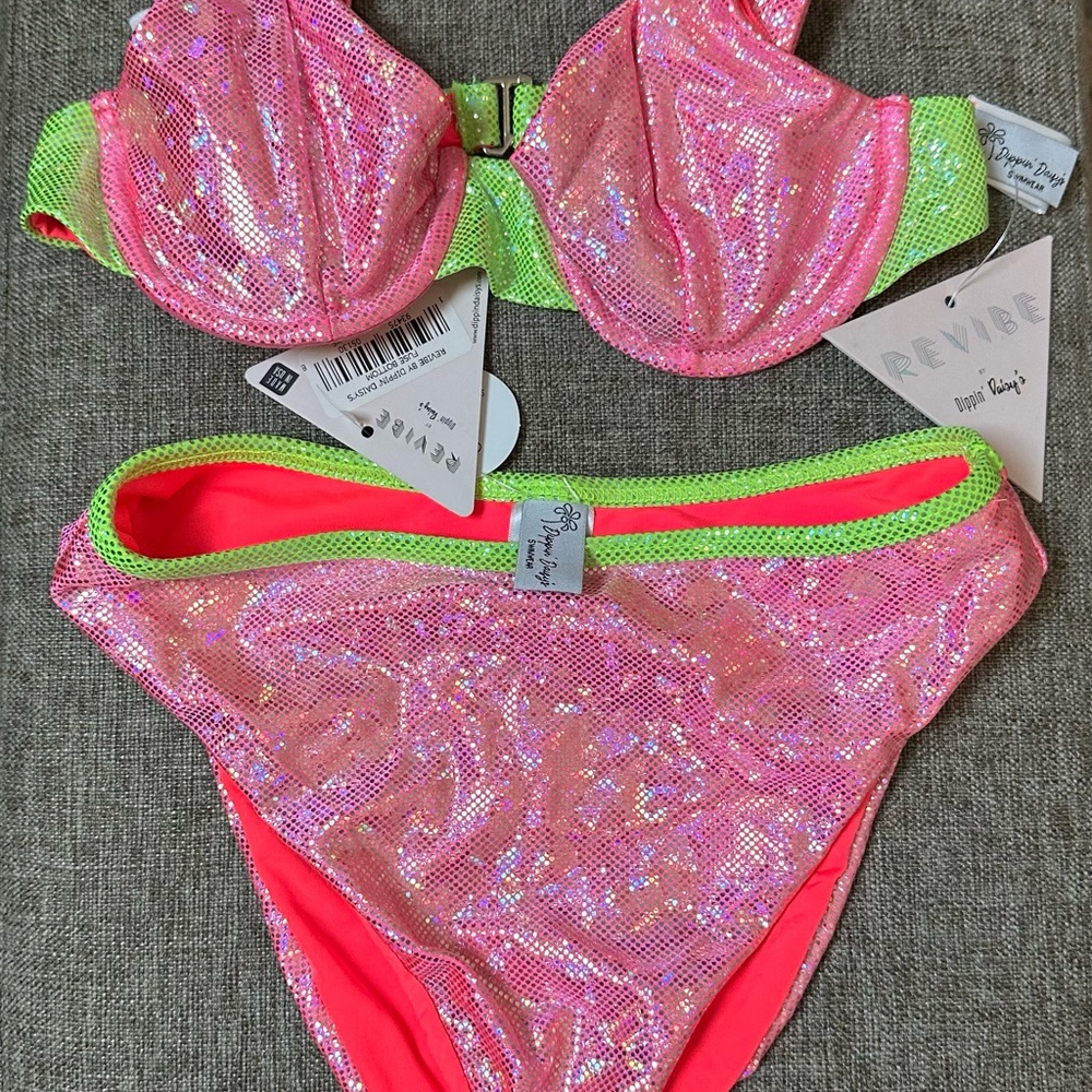 Revive Pink and Green Sequin Bikini Set